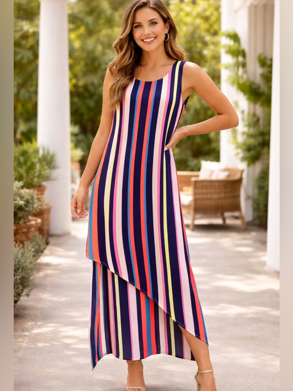 project RUNWAY Multicolor Vertical Stripe Maxi Dress - Navy, Pink, Green, Orange